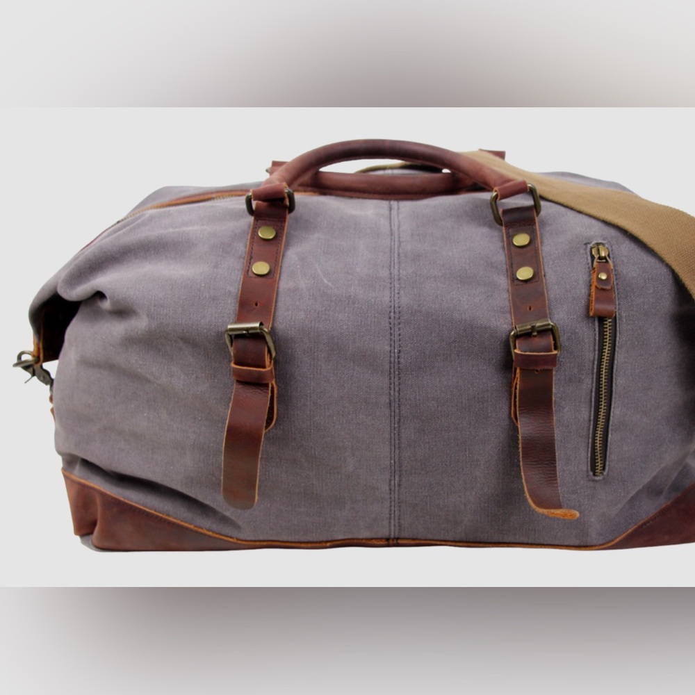 S-ZONE WASH GRAY CANVAS BROWN LEATHER LRG DUFFEL BAG WEEKENDER TRAVEL LUGGAGE